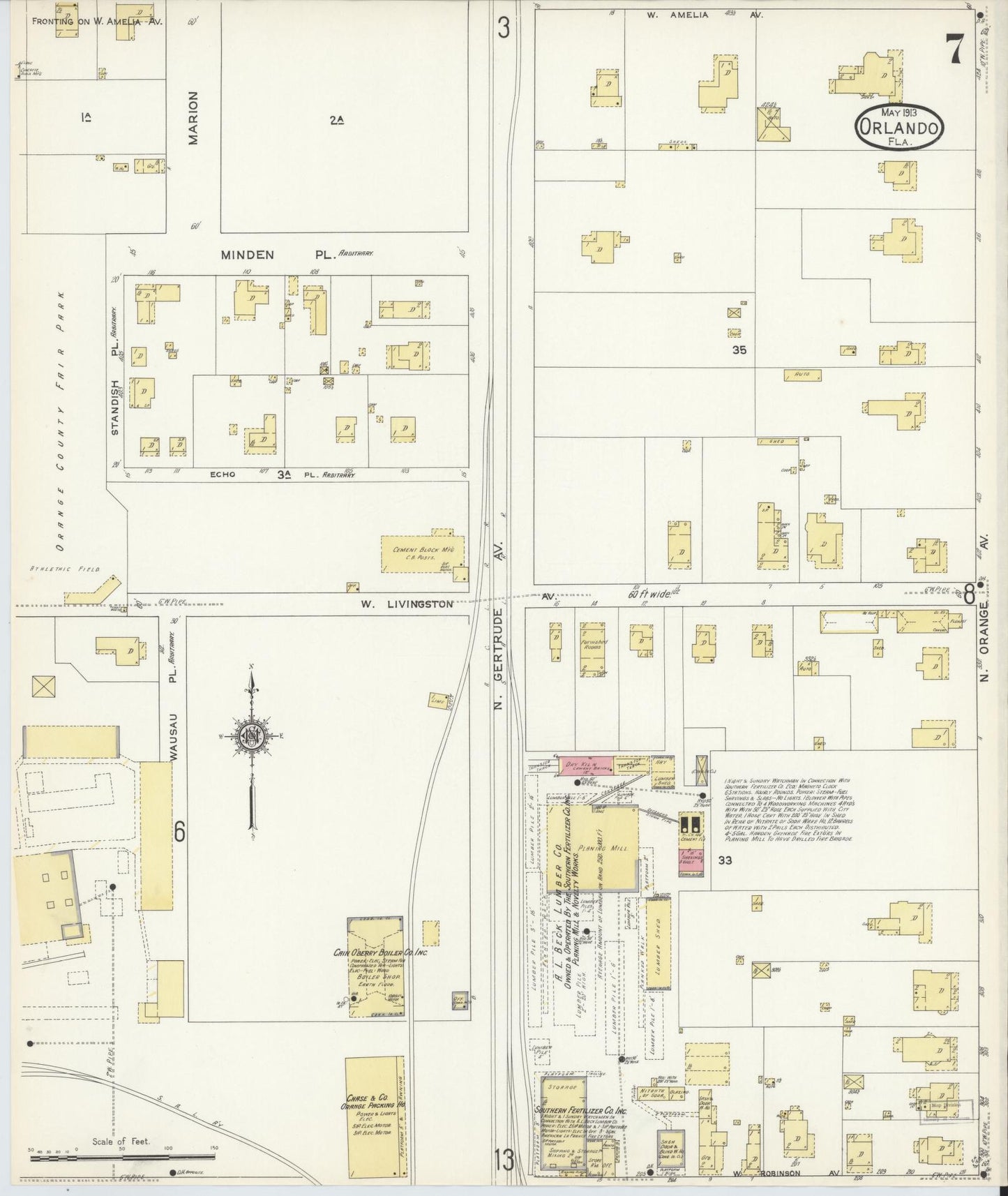 Sanborn Fire Insurance Map from Orlando, Orange County, Florida (1913), Sheet #0007 - Historic Sanborn Fire Insurance Map Print, vintage old map wall art, antique decor, genealogy gift, Florida Florida map