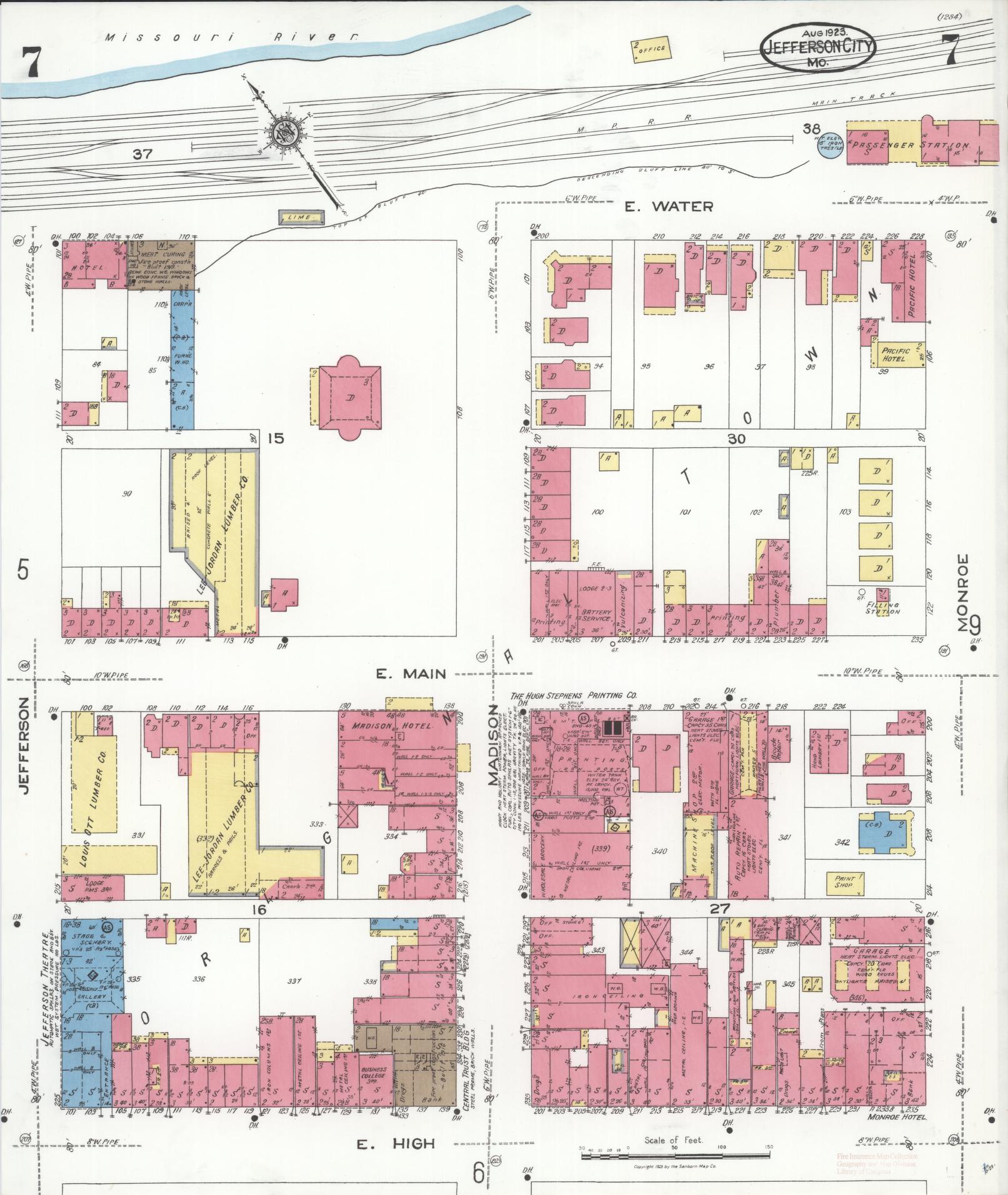 Sanborn Fire Insurance Map from Jefferson City, Cole County, Missouri (1923), Sheet #0007 - Historic Sanborn Fire Insurance Map Print, vintage old map wall art, antique decor, genealogy gift, Missouri Missouri map