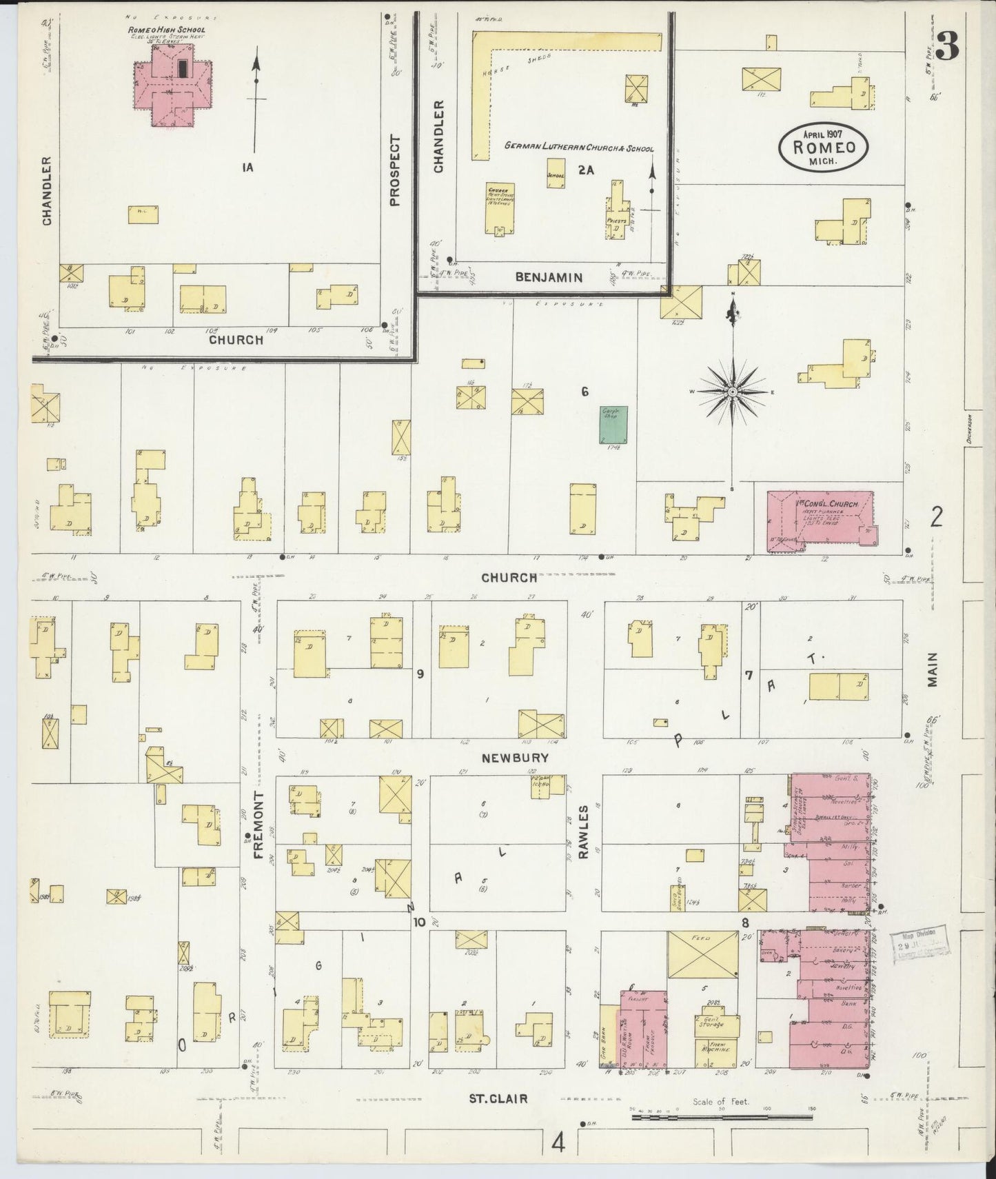 Sanborn Fire Insurance Map from Romeo, Macomb County, Michigan (1907), Sheet #0003 - Complete Map Set gallery image, historic Sanborn map, vintage wall art, Michigan Michigan