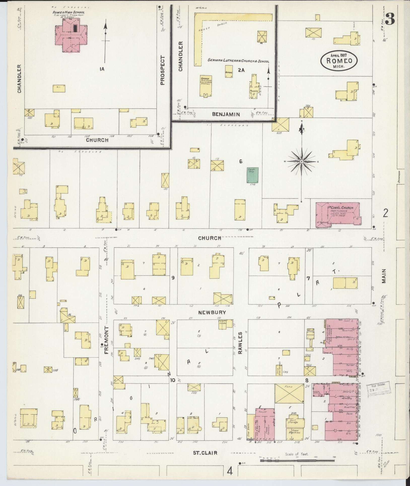 Sanborn Fire Insurance Map from Romeo, Macomb County, Michigan (1907), Sheet #0003 - Complete Map Set gallery image, historic Sanborn map, vintage wall art, Michigan Michigan