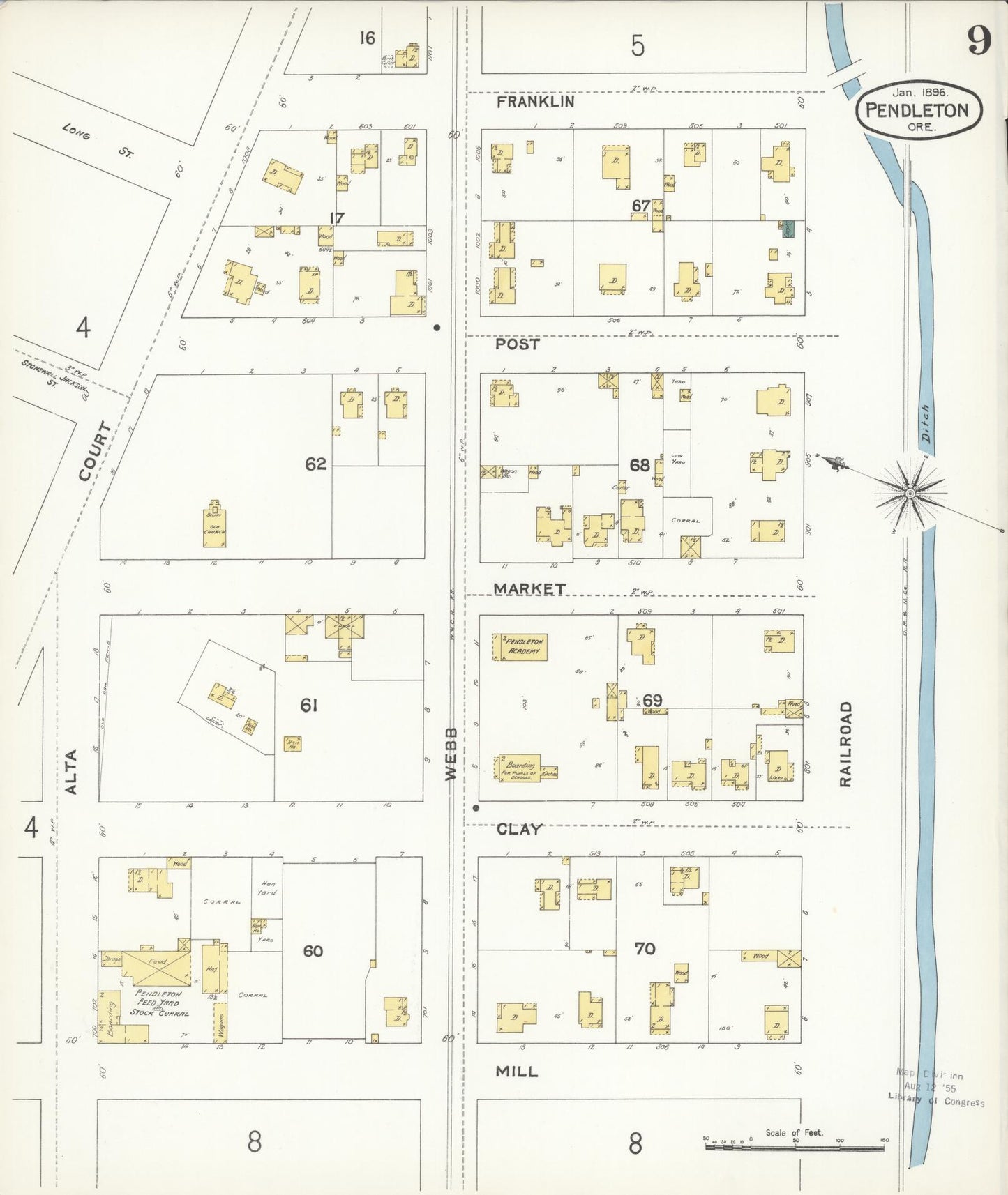 Sanborn Fire Insurance Map from Pendleton, Umatilla County, Oregon (1896), Sheet #0009 - Complete Map Set gallery image, historic Sanborn map, vintage wall art, Oregon Oregon