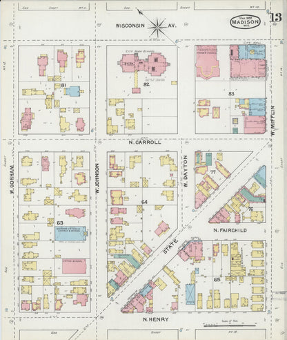 Sanborn Fire Insurance Map from Madison, Dane County, Wisconsin (1892), Sheet #0013 - Complete Map Set gallery image, historic Sanborn map, vintage wall art, Wisconsin Wisconsin