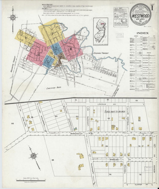 Sanborn Fire Insurance Map from Westwood, Bergen County, New Jersey (1921), Sheet #0001 - Historic Sanborn Fire Insurance Map Print, vintage old map wall art, antique decor, genealogy gift, New Jersey New Jersey map