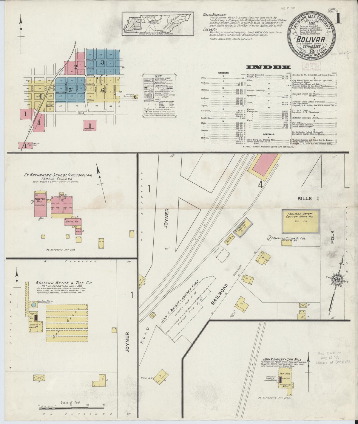 Sanborn Fire Insurance Map from Bolivar, Hardeman County, Tennessee (1913), Sheet #0001 - Complete Map Set gallery image, historic Sanborn map, vintage wall art, Tennessee Tennessee