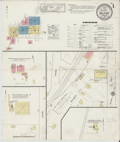 Sanborn Fire Insurance Map from Bolivar, Hardeman County, Tennessee (1913), Sheet #0001 - Complete Map Set gallery image, historic Sanborn map, vintage wall art, Tennessee Tennessee