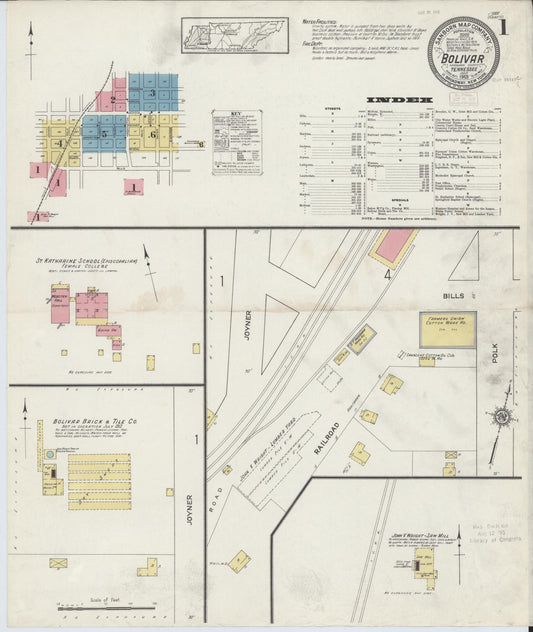 Sanborn Fire Insurance Map from Bolivar, Hardeman County, Tennessee (1913), Sheet #0001 - Complete Map Set gallery image, historic Sanborn map, vintage wall art, Tennessee Tennessee