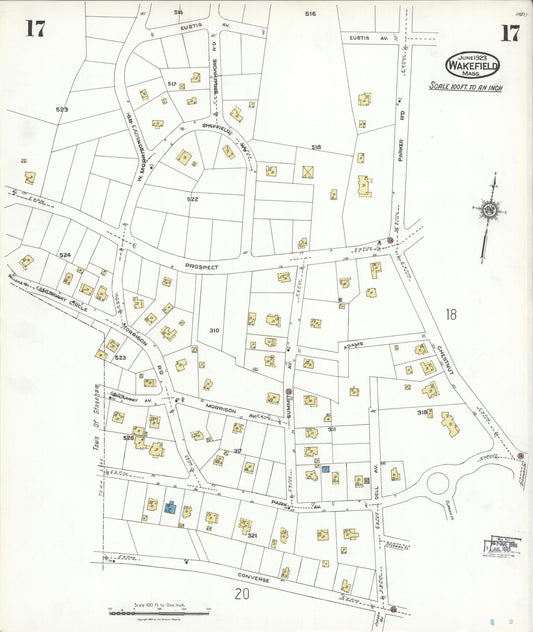 Sanborn Fire Insurance Map from Wakefield, Middlesex County, Massachusetts (1923), Sheet #0017 - Historic Sanborn Fire Insurance Map Print, vintage old map wall art, antique decor, genealogy gift, Massachusetts Massachusetts map
