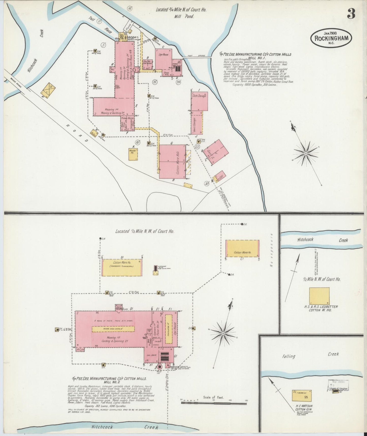 Sanborn Fire Insurance Map from Rockingham, Richmond County, North Carolina (1900), Sheet #0003 - Historic Sanborn Fire Insurance Map Print, vintage old map wall art, antique decor, genealogy gift, North Carolina North Carolina map