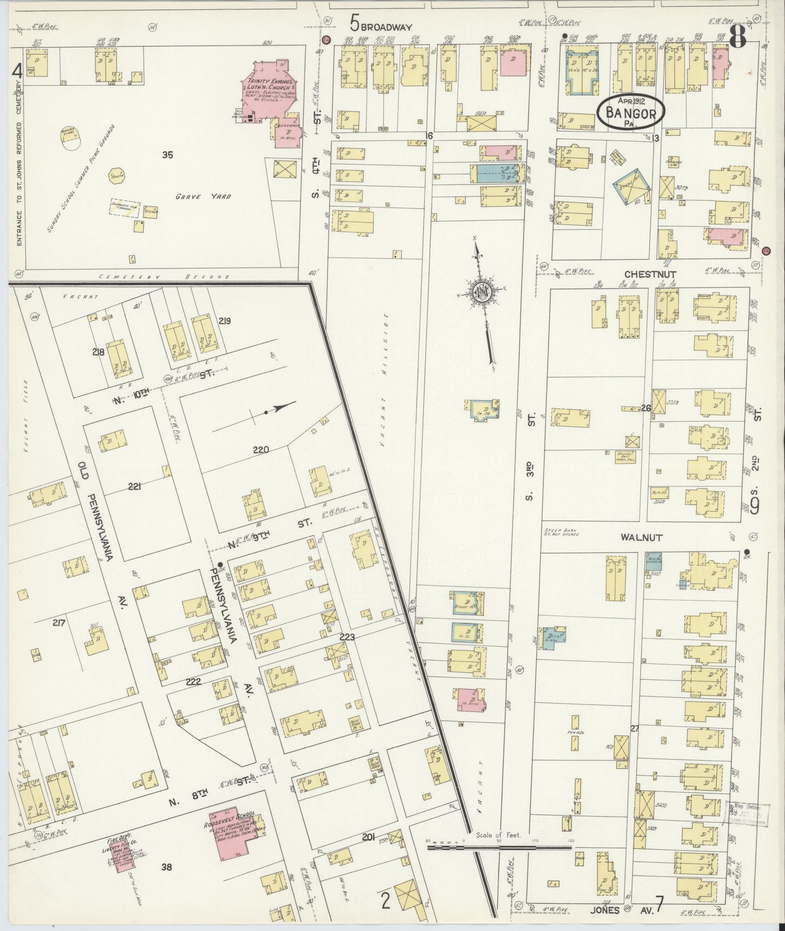 Sanborn Fire Insurance Map from Bangor, Northampton County, Pennsylvania (1912), Sheet #0008 - Historic Sanborn Fire Insurance Map Print, vintage old map wall art, antique decor, genealogy gift, Pennsylvania Pennsylvania map
