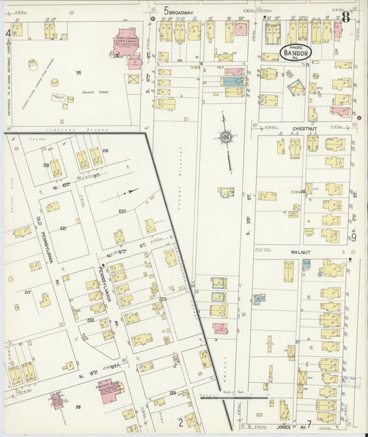 Sanborn Fire Insurance Map from Bangor, Northampton County, Pennsylvania (1912), Sheet #0008 - Historic Sanborn Fire Insurance Map Print, vintage old map wall art, antique decor, genealogy gift, Pennsylvania Pennsylvania map