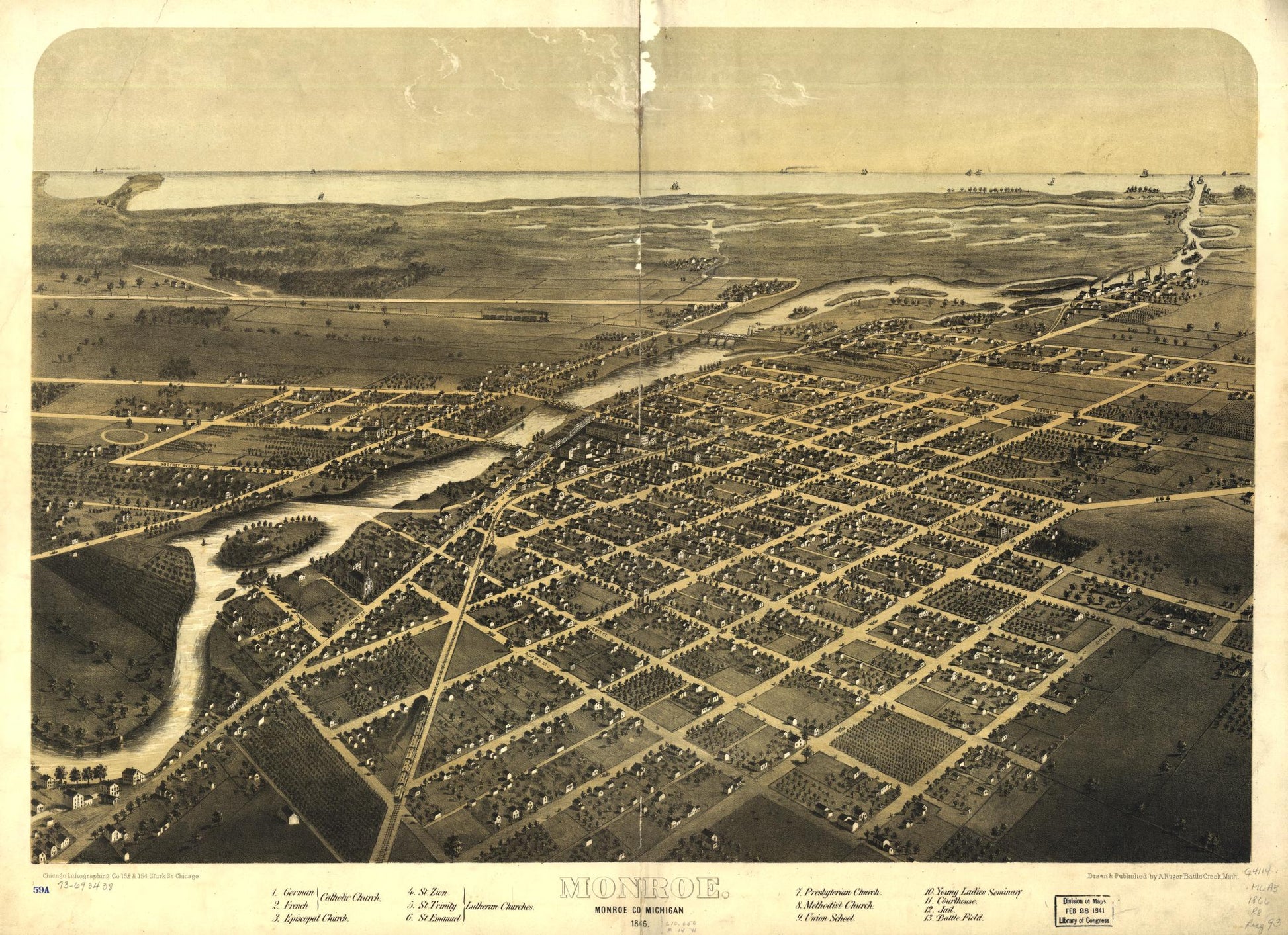 Monroe, Monroe Co., Michigan 1866. (1866) – Historic Bird’s-Eye View Panorama Print