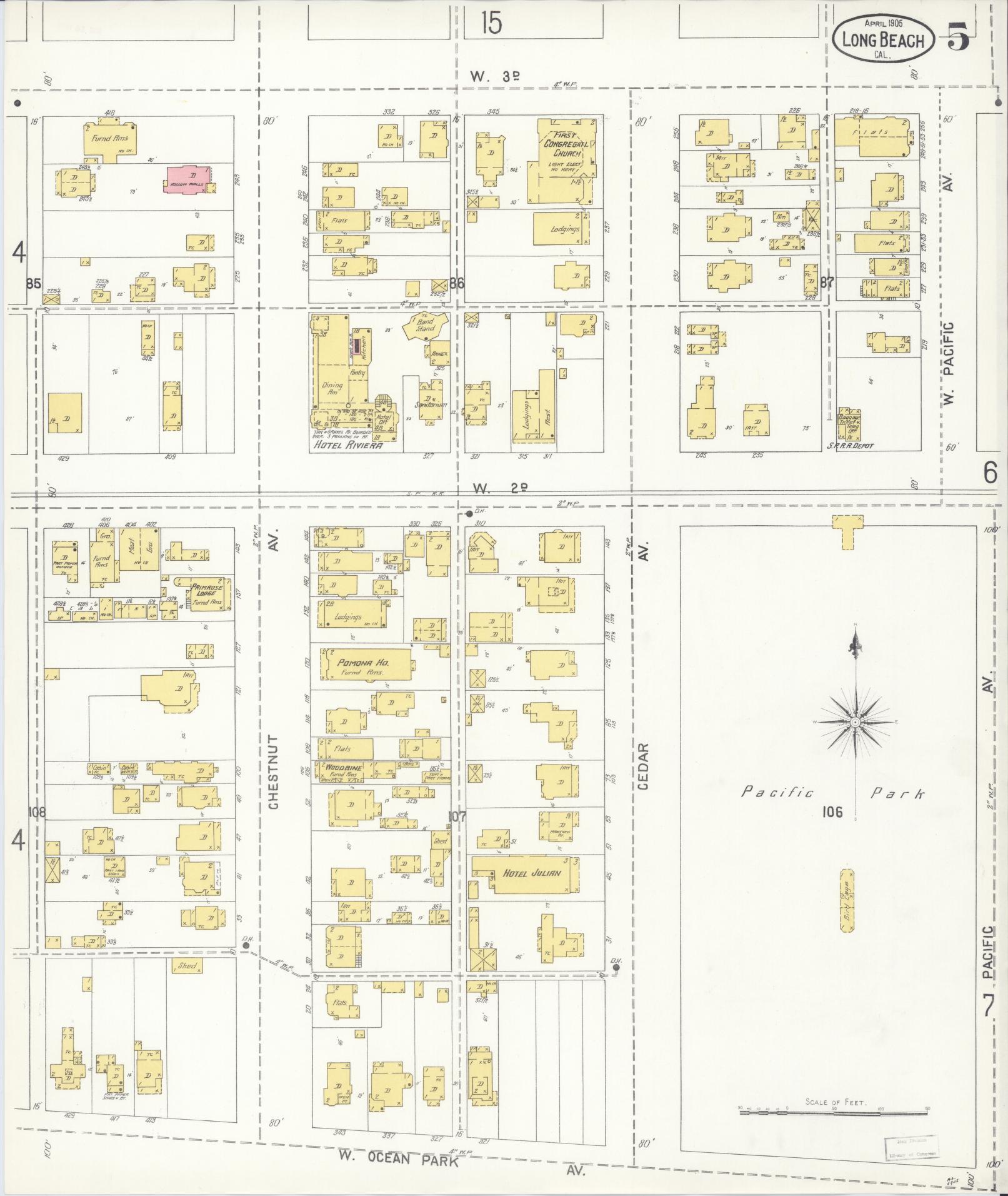 Sanborn Fire Insurance Map from Long Beach, Los Angeles County, California (1905), Sheet #0005 - Complete Map Set gallery image, historic Sanborn map, vintage wall art, California California