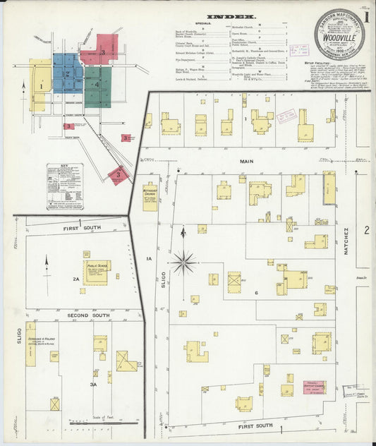 Sanborn Fire Insurance Map from Woodville, Wilkinson County, Mississippi (1909), Sheet #0001 - Historic Sanborn Fire Insurance Map Print, vintage old map wall art, antique decor, genealogy gift, Mississippi Mississippi map