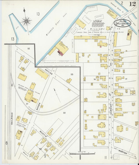 Sanborn Fire Insurance Map from Salisbury, Wicomico County, Maryland (1904), Sheet #0012 - Historic Sanborn Fire Insurance Map Print, vintage old map wall art
