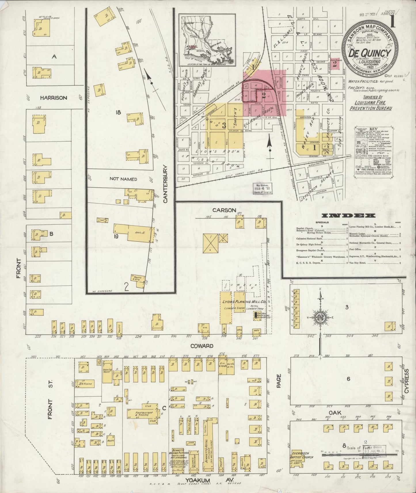 Sanborn Fire Insurance Map from De Quincy, Calcasieu Parish, Louisiana (1921), Sheet #0001 - Historic Sanborn Fire Insurance Map Print, vintage old map wall art, antique decor, genealogy gift, Louisiana Louisiana map