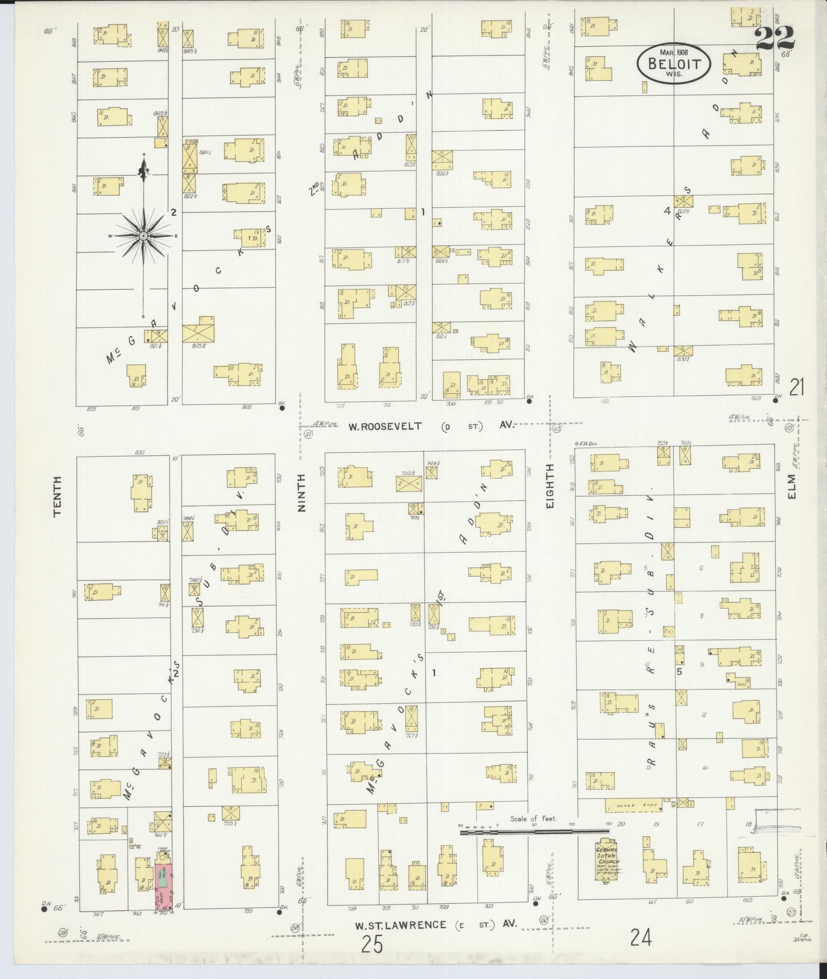 Sanborn Fire Insurance Map from Beloit, Rock County, Wisconsin (1908), Sheet #0022 - Complete Map Set gallery image, historic Sanborn map, vintage wall art, Wisconsin Wisconsin