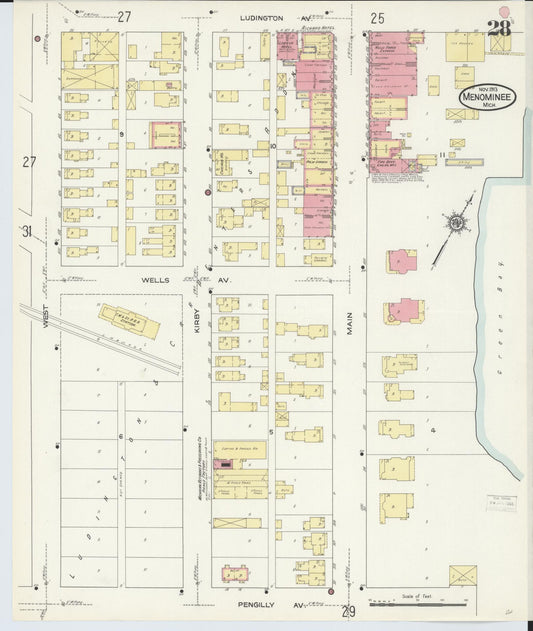 Sanborn Fire Insurance Map from Menominee, Menominee County, Michigan (1913), Sheet #0028 - Historic Sanborn Fire Insurance Map Print, vintage old map wall art, antique decor, genealogy gift, Michigan Michigan map