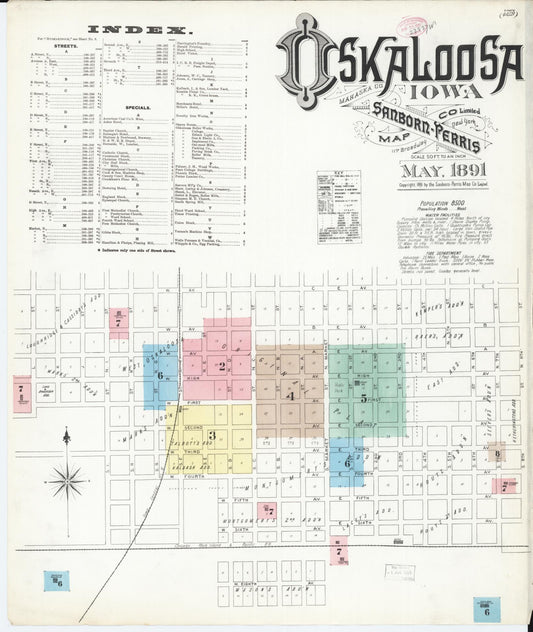 Sanborn Fire Insurance Map from Oskaloosa, Mahaska County, Iowa (1891), Sheet #0001 - Historic Sanborn Fire Insurance Map Print, vintage old map wall art