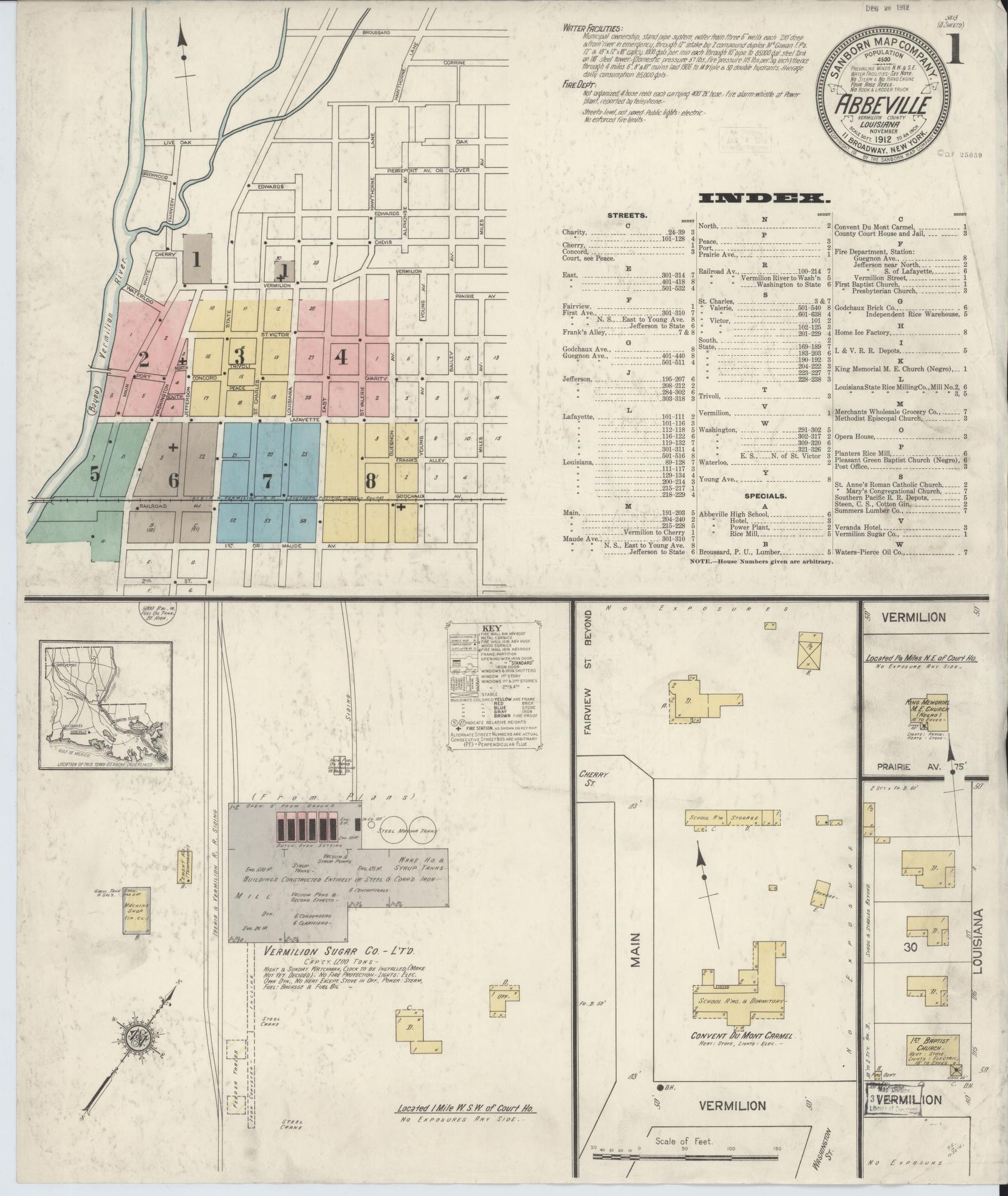 Sanborn Fire Insurance Map from Abbeville, Vermilion Parish, Louisiana (1912), Sheet #0001 - Historic Sanborn Fire Insurance Map Print, vintage old map wall art, antique decor, genealogy gift, Louisiana Louisiana map