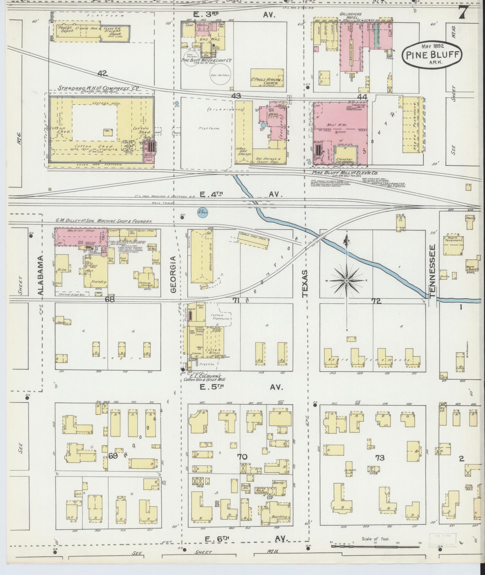 Sanborn Fire Insurance Map from Pine Bluff, Jefferson County, Arkansas (1892), Sheet #0007 - Complete Map Set gallery image, historic Sanborn map, vintage wall art, Arkansas Arkansas