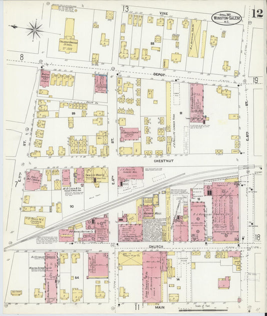 Sanborn Fire Insurance Map from Winston-Salem, Forsyth County, North Carolina (1907), Sheet #0012 - Historic Sanborn Fire Insurance Map Print, vintage old map wall art, antique decor, genealogy gift, North Carolina North Carolina map