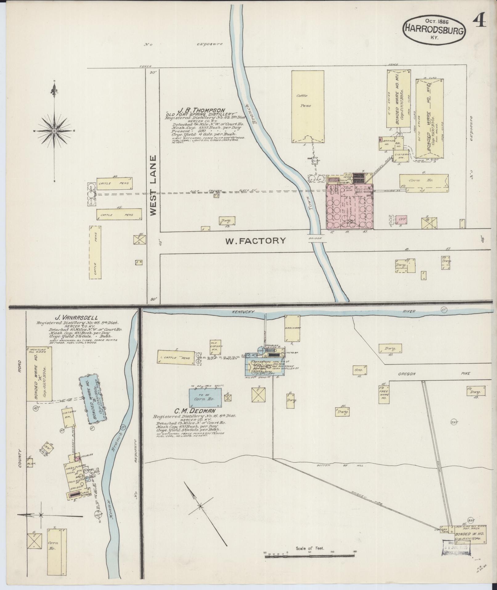 Sanborn Fire Insurance Map from Harrodsburg, Mercer County, Kentucky (1886), Sheet #0004 - Historic Sanborn Fire Insurance Map Print, vintage old map wall art, antique decor, genealogy gift, Kentucky Kentucky map