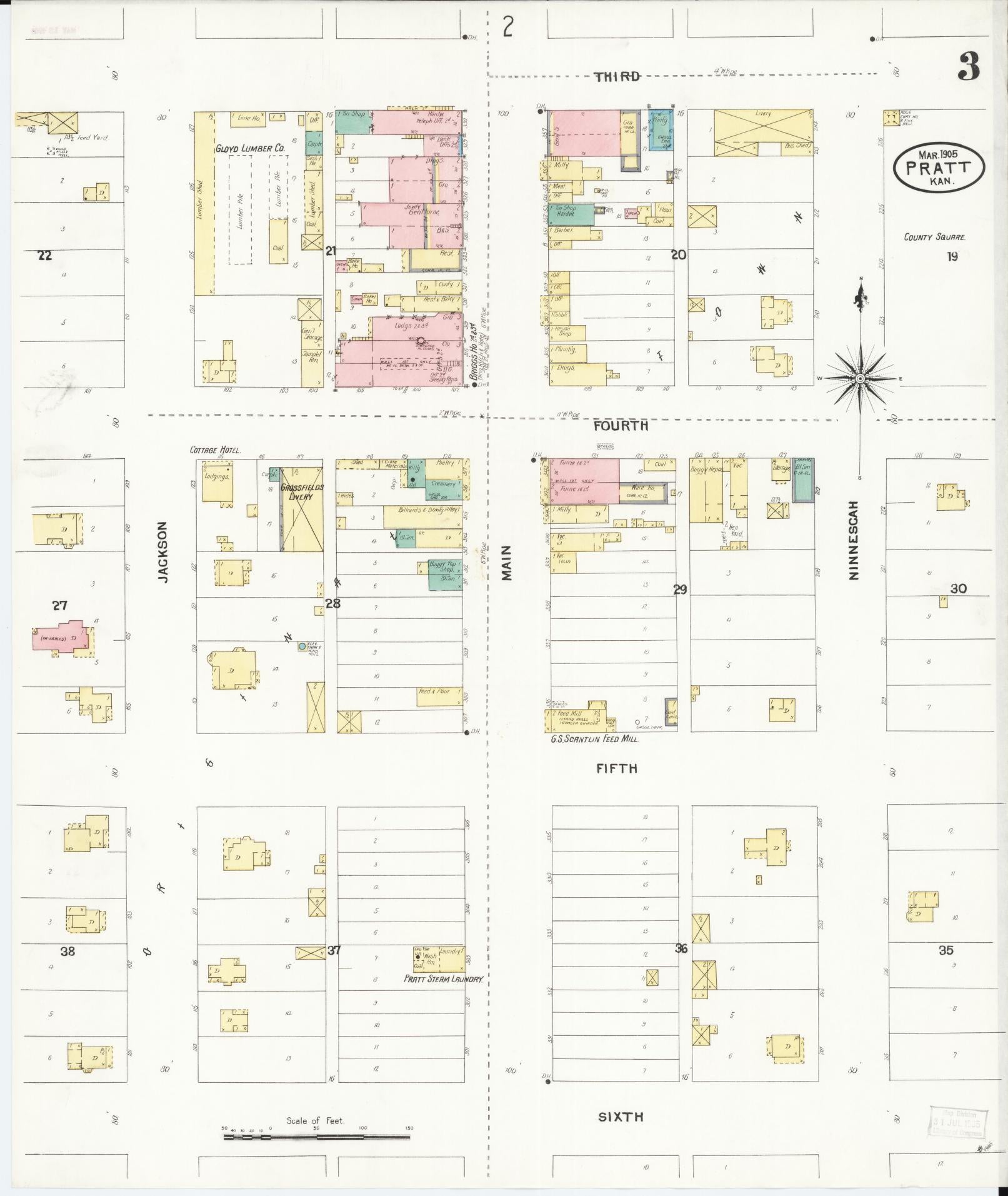 Sanborn Fire Insurance Map from Pratt, Pratt County, Kansas (1905), Sheet #0003 - Complete Map Set gallery image, historic Sanborn map, vintage wall art, Kansas Kansas