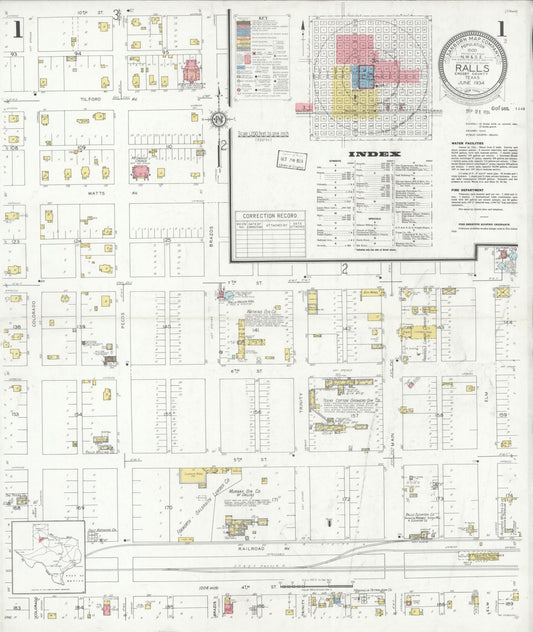Sanborn Fire Insurance Map from Ralls, Crosby County, Texas (1934), Sheet #0001 - Historic Sanborn Fire Insurance Map Print, vintage old map wall art, antique decor, genealogy gift, Texas Texas map
