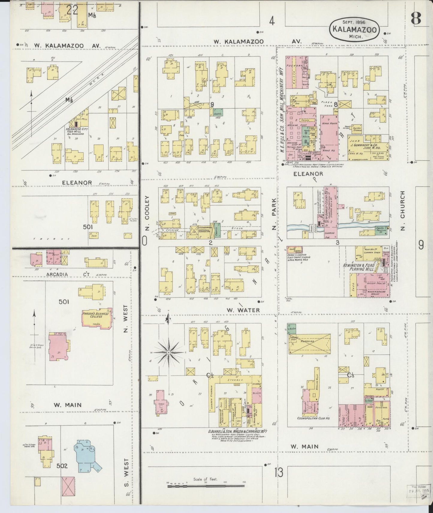 Sanborn Fire Insurance Map from Kalamazoo, Kalamazoo County, Michigan (1896), Sheet #0008 - Complete Map Set gallery image, historic Sanborn map, vintage wall art, Michigan Michigan