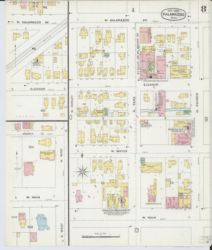Sanborn Fire Insurance Map from Kalamazoo, Kalamazoo County, Michigan (1896), Sheet #0008 - Complete Map Set gallery image, historic Sanborn map, vintage wall art, Michigan Michigan