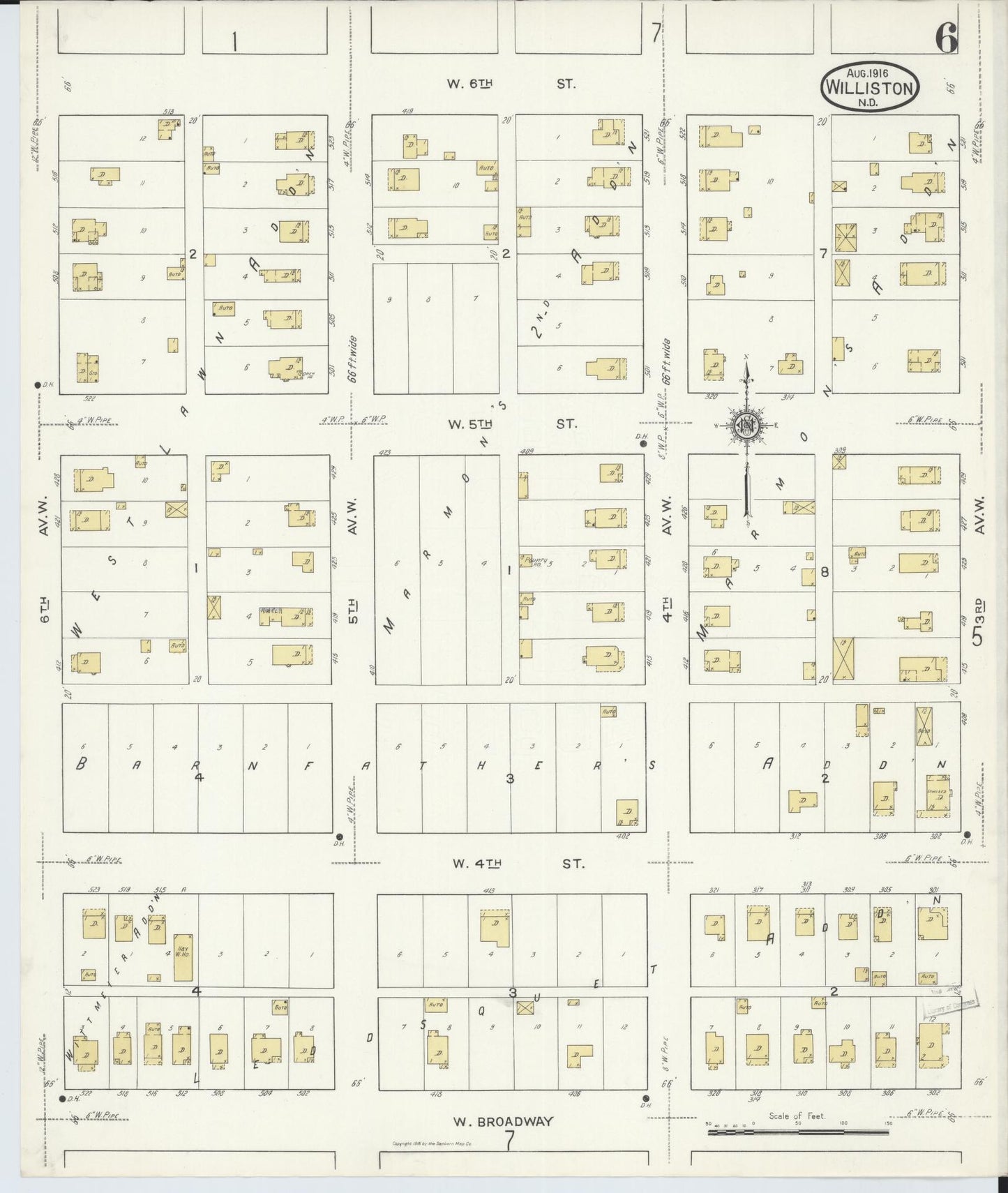Sanborn Fire Insurance Map from Williston, Williams County, North Dakota (1916), Sheet #0006 - Complete Map Set gallery image, historic Sanborn map, vintage wall art, North Dakota North Dakota