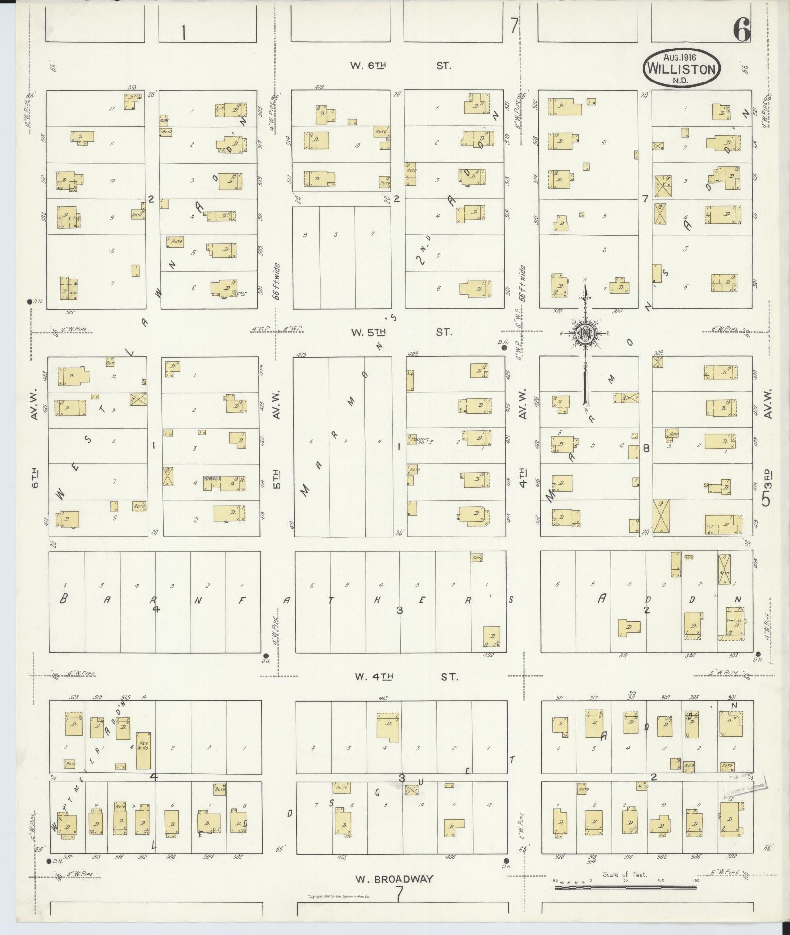Sanborn Fire Insurance Map from Williston, Williams County, North Dakota (1916), Sheet #0006 - Complete Map Set gallery image, historic Sanborn map, vintage wall art, North Dakota North Dakota