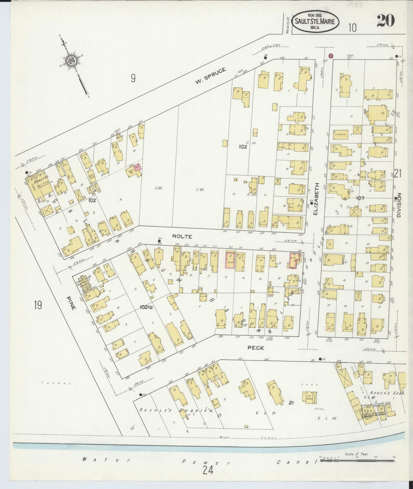 Sanborn Fire Insurance Map from Sault Sainte Marie, Chippewa County, Michigan (1915), Sheet #0020 - Historic Sanborn Fire Insurance Map Print, vintage old map wall art, antique decor, genealogy gift, Michigan Michigan map