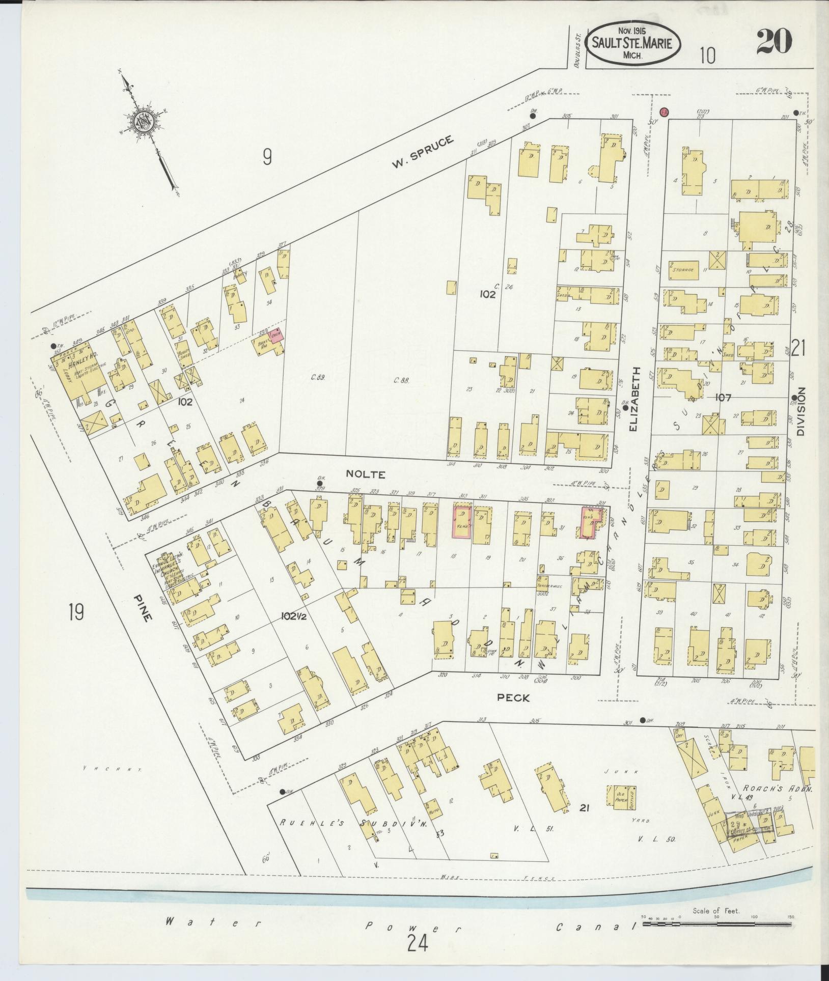 Sanborn Fire Insurance Map from Sault Sainte Marie, Chippewa County, Michigan (1915), Sheet #0020 - Historic Sanborn Fire Insurance Map Print, vintage old map wall art, antique decor, genealogy gift, Michigan Michigan map