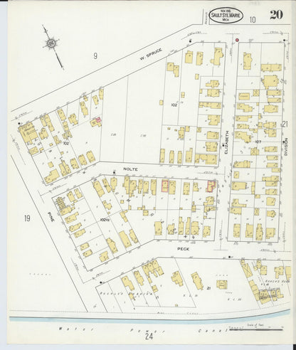 Sanborn Fire Insurance Map from Sault Sainte Marie, Chippewa County, Michigan (1915), Sheet #0020 - Historic Sanborn Fire Insurance Map Print, vintage old map wall art, antique decor, genealogy gift, Michigan Michigan map