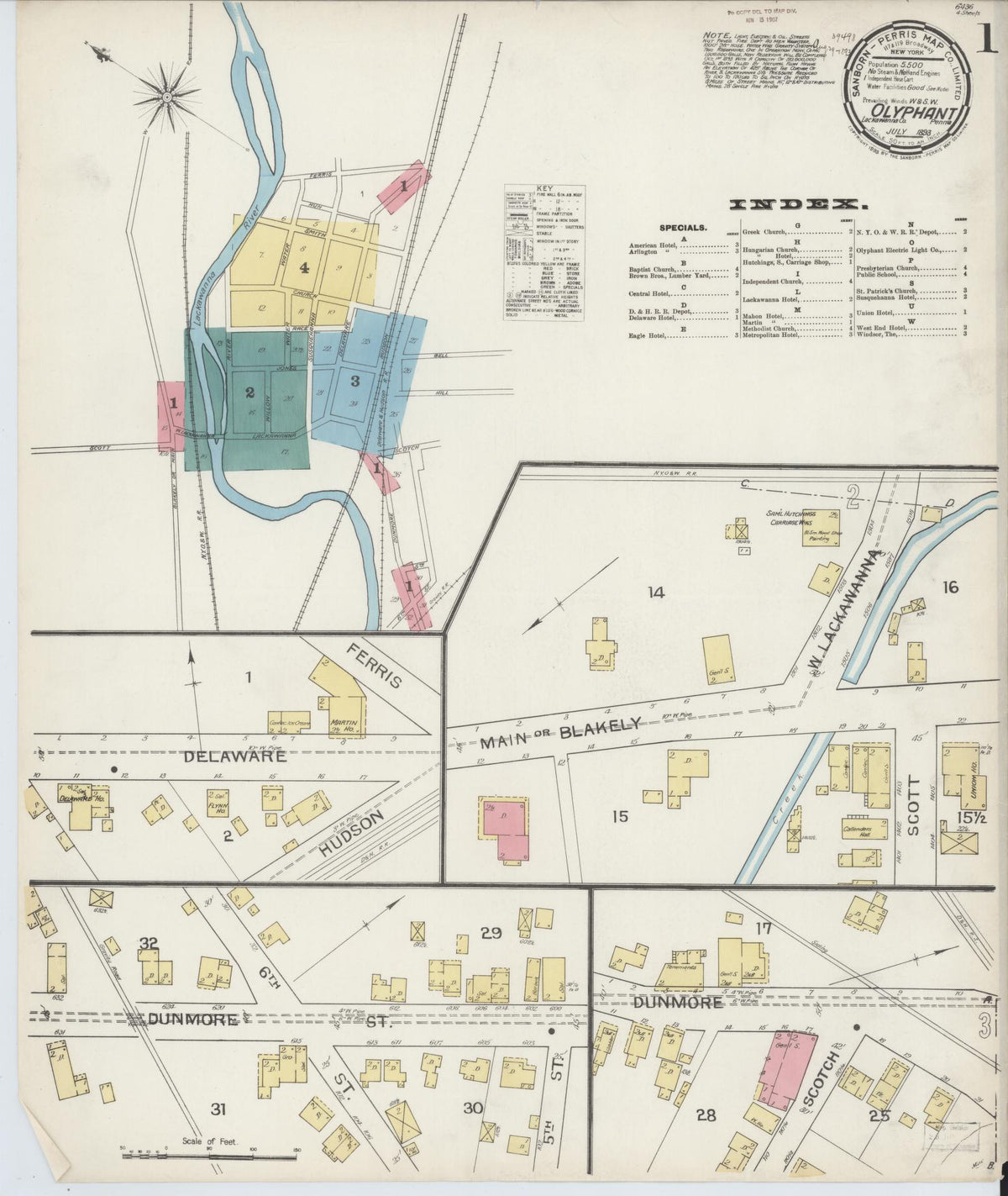 Sanborn Fire Insurance Map from Olyphant, Lackawanna County, Pennsylvania (1893), Sheet #0001 - Historic Sanborn Fire Insurance Map Print, vintage old map wall art, antique decor, genealogy gift, Pennsylvania Pennsylvania map