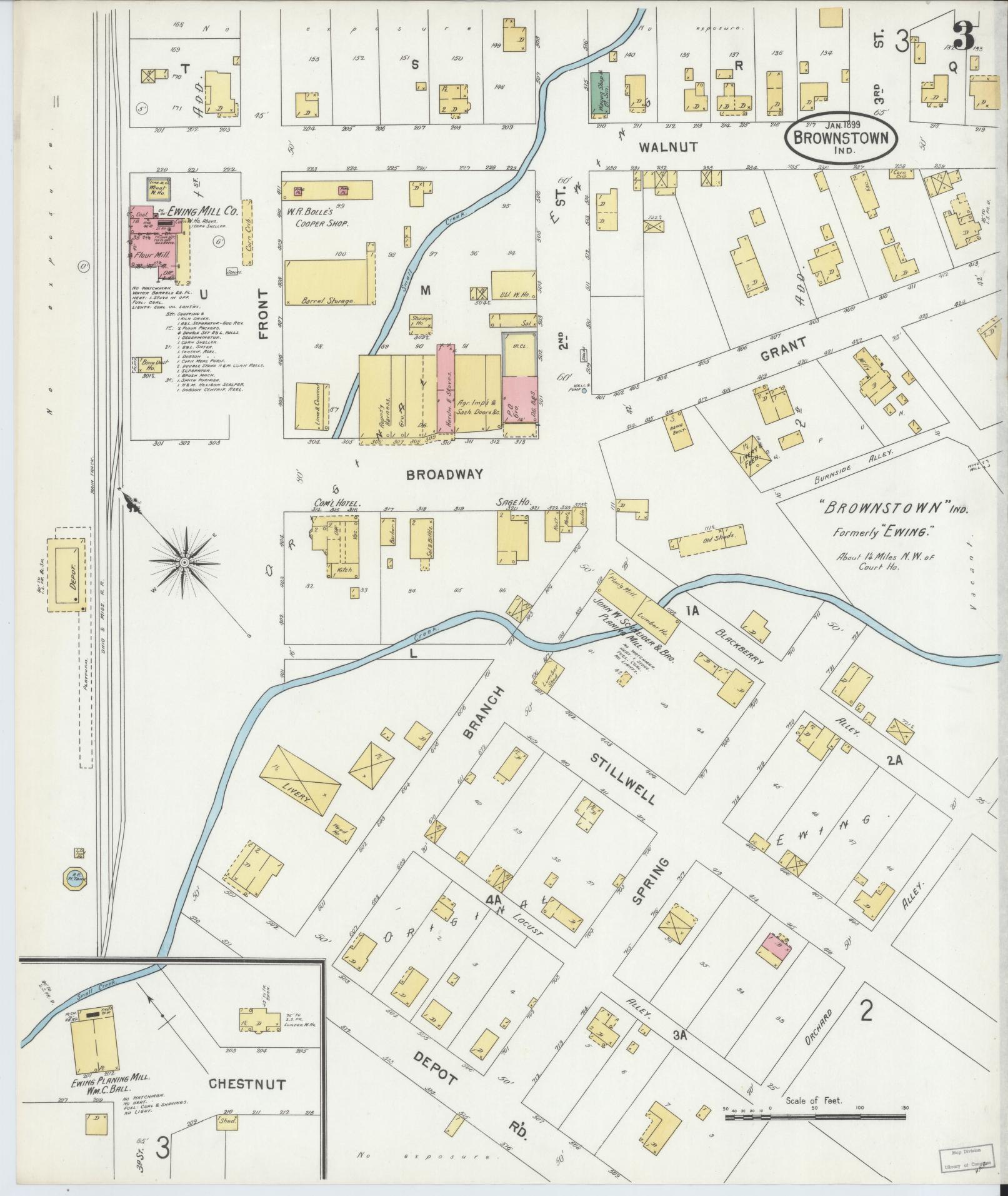 Sanborn Fire Insurance Map from Brownstown, Jackson County, Indiana (1899), Sheet #0003 - Historic Sanborn Fire Insurance Map Print, vintage old map wall art, antique decor, genealogy gift, Indiana Indiana map