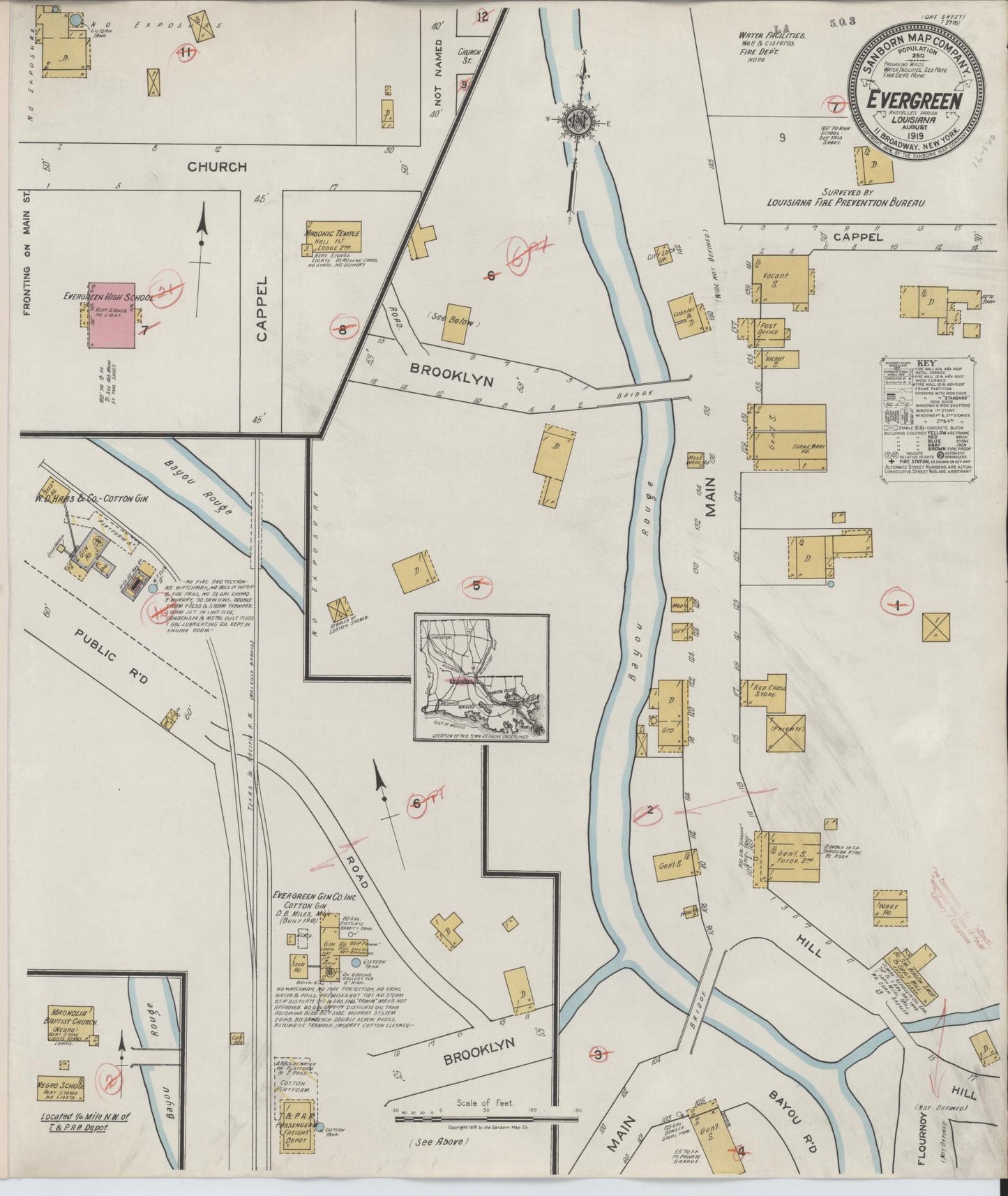 Sanborn Fire Insurance Map from Evergreen, Avoyelles Parish, Louisiana (1919), Sheet #0001 - Historic Sanborn Fire Insurance Map Print, vintage old map wall art, antique decor, genealogy gift, Louisiana Louisiana map