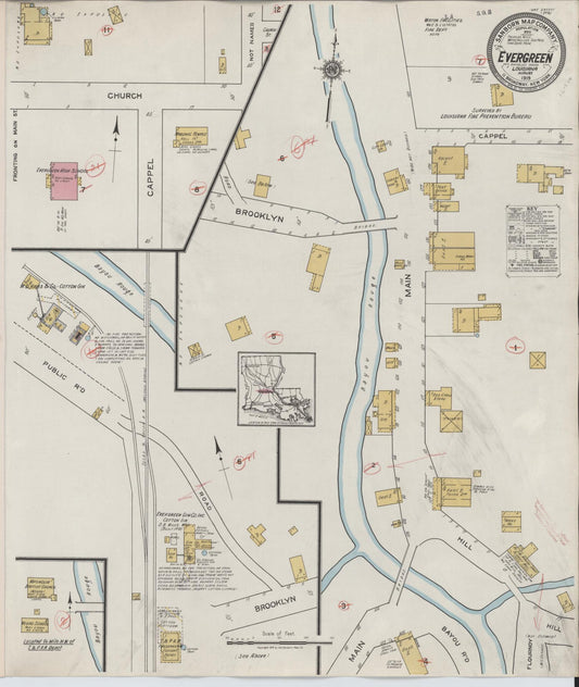 Sanborn Fire Insurance Map from Evergreen, Avoyelles Parish, Louisiana (1919), Sheet #0001 - Historic Sanborn Fire Insurance Map Print, vintage old map wall art, antique decor, genealogy gift, Louisiana Louisiana map