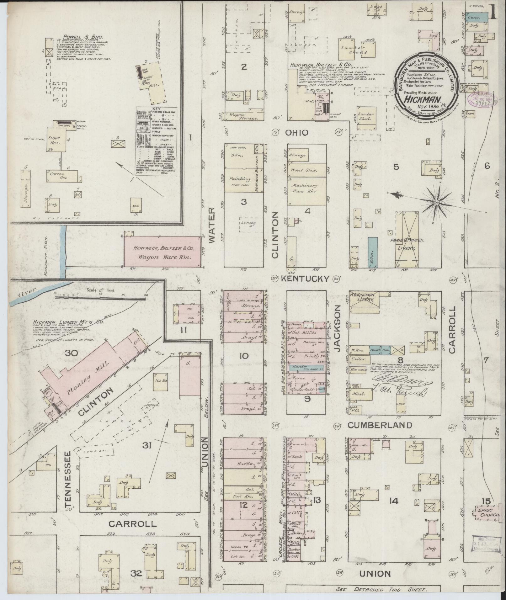 Sanborn Fire Insurance Map from Hickman, Fulton County, Kentucky (1886), Sheet #0001 - Historic Sanborn Fire Insurance Map Print, vintage old map wall art, antique decor, genealogy gift, Kentucky Kentucky map