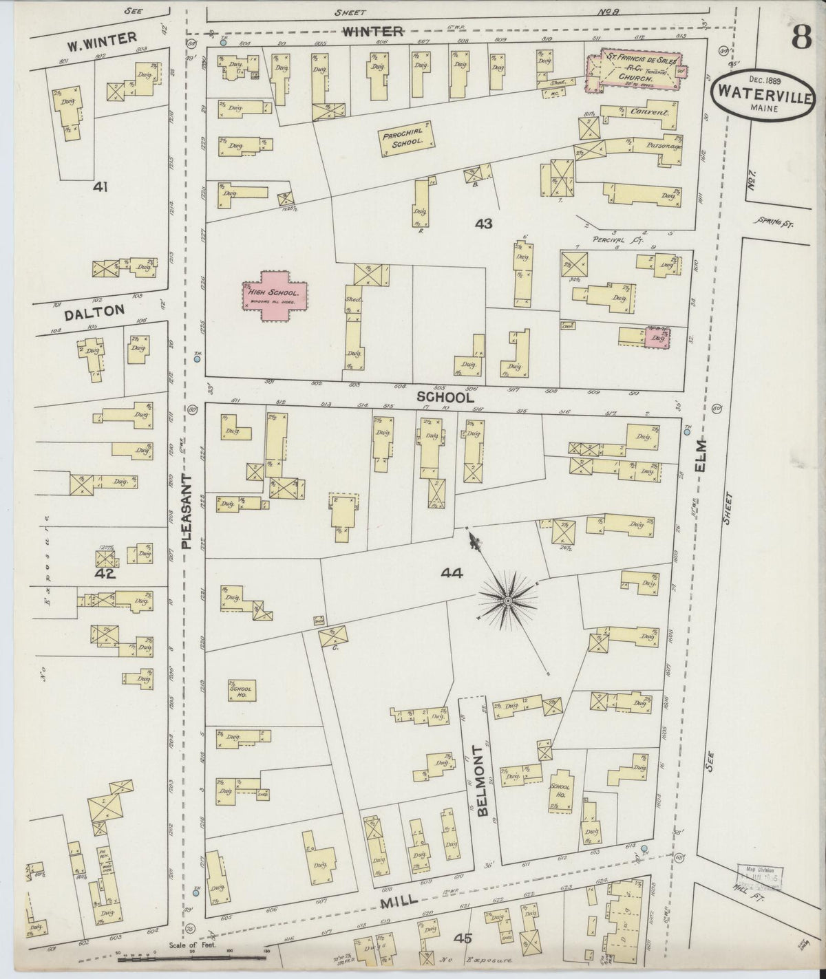 Sanborn Fire Insurance Map from Waterville, Kennebec County, Maine (1889), Sheet #0008 - Historic Sanborn Fire Insurance Map Print, vintage old map wall art, antique decor, genealogy gift, Maine Maine map