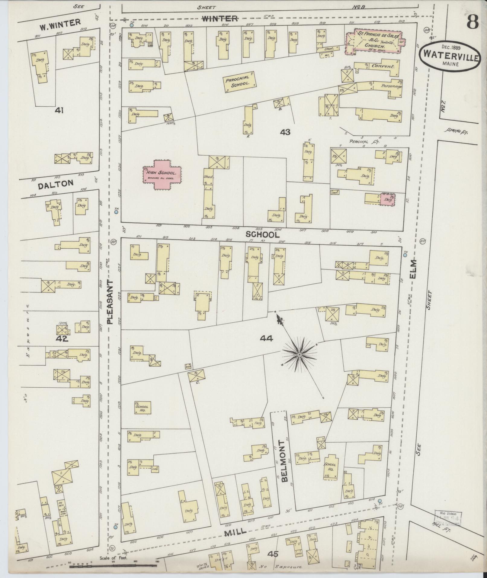 Sanborn Fire Insurance Map from Waterville, Kennebec County, Maine (1889), Sheet #0008 - Historic Sanborn Fire Insurance Map Print, vintage old map wall art, antique decor, genealogy gift, Maine Maine map