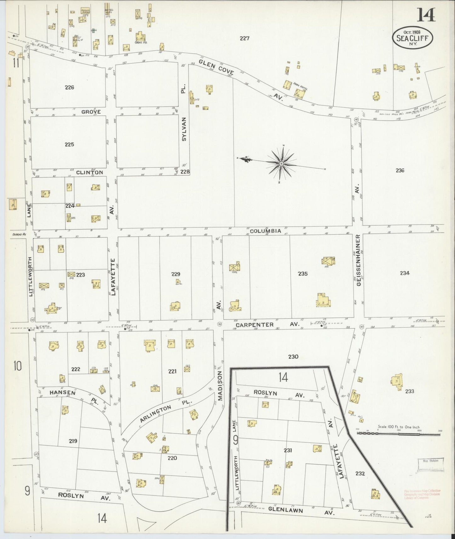 Sanborn Fire Insurance Map from Sea Cliff, Nassau County, New York (1908), Sheet #0014 - Complete Map Set gallery image, historic Sanborn map, vintage wall art, New York New York