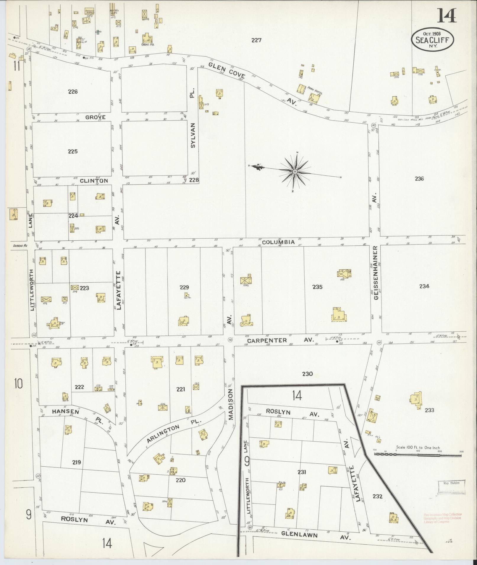 Sanborn Fire Insurance Map from Sea Cliff, Nassau County, New York (1908), Sheet #0014 - Complete Map Set gallery image, historic Sanborn map, vintage wall art, New York New York