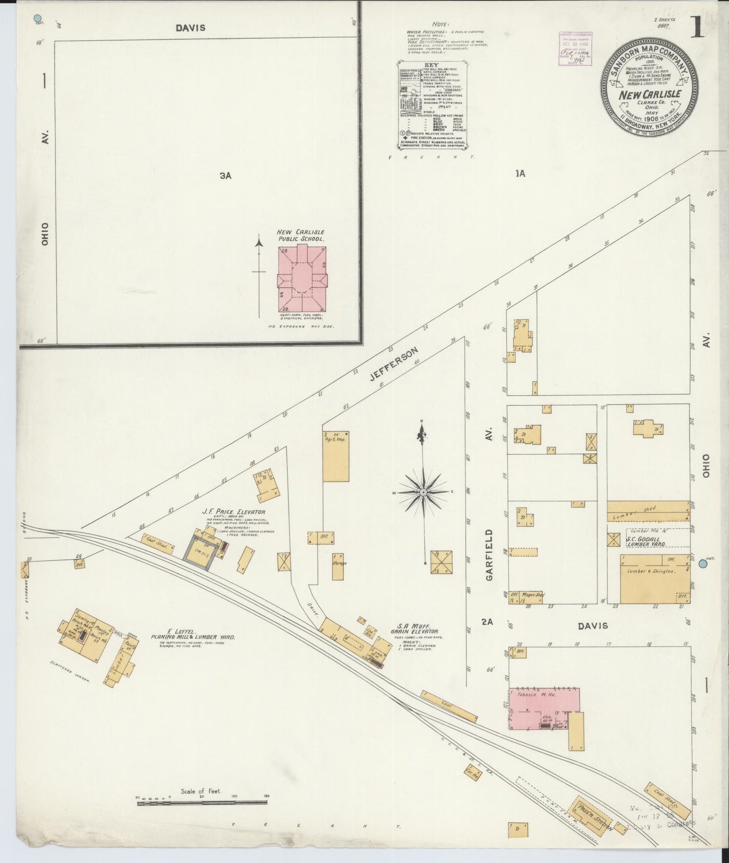 Sanborn Fire Insurance Map from New Carlisle, Clarke County, Ohio (1906), Sheet #0001 - Historic Sanborn Fire Insurance Map Print, vintage old map wall art, antique decor, genealogy gift, Ohio Ohio map