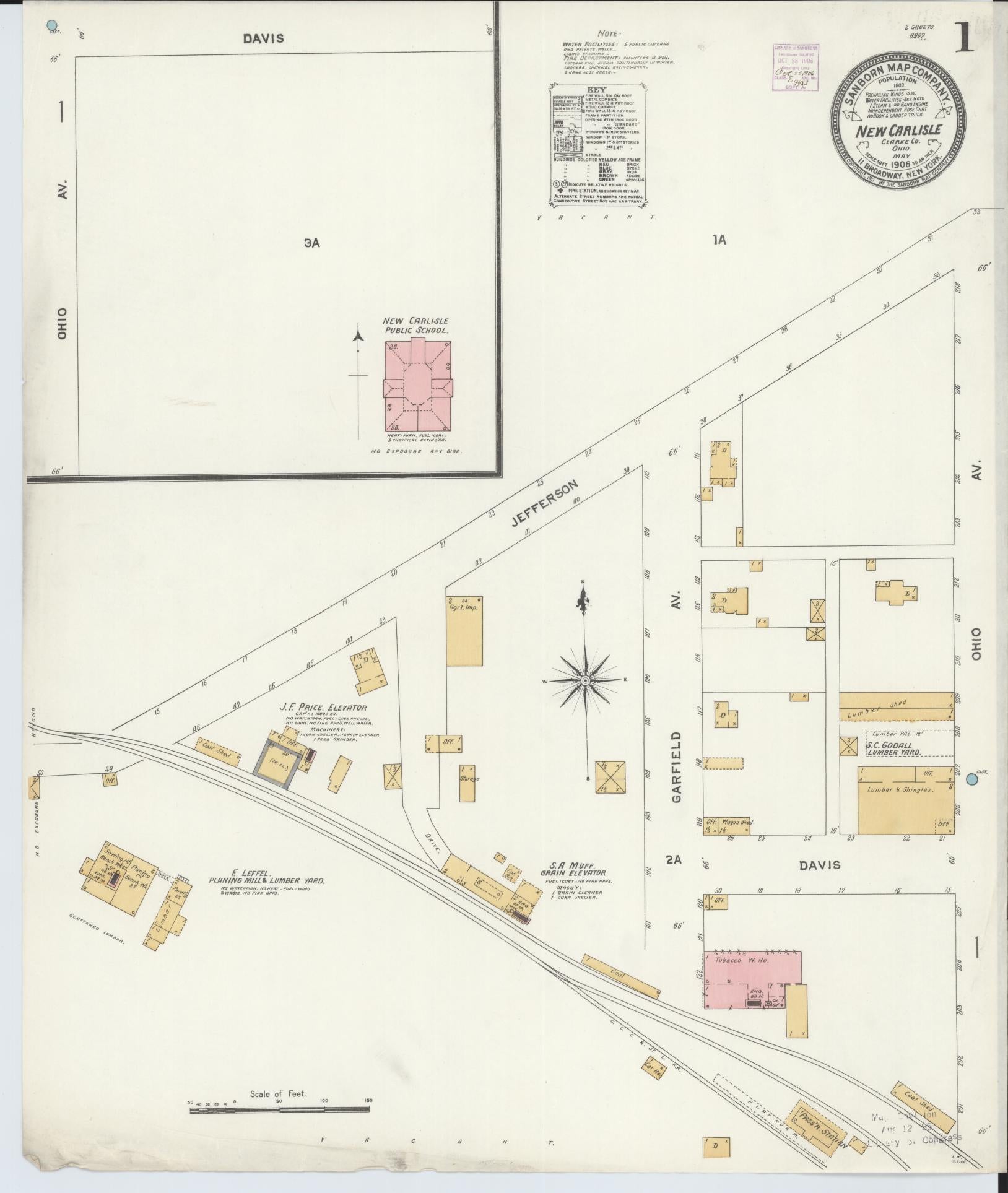 Sanborn Fire Insurance Map from New Carlisle, Clarke County, Ohio (1906), Sheet #0001 - Historic Sanborn Fire Insurance Map Print, vintage old map wall art, antique decor, genealogy gift, Ohio Ohio map