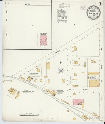 Sanborn Fire Insurance Map from New Carlisle, Clarke County, Ohio (1906), Sheet #0001 - Historic Sanborn Fire Insurance Map Print, vintage old map wall art, antique decor, genealogy gift, Ohio Ohio map