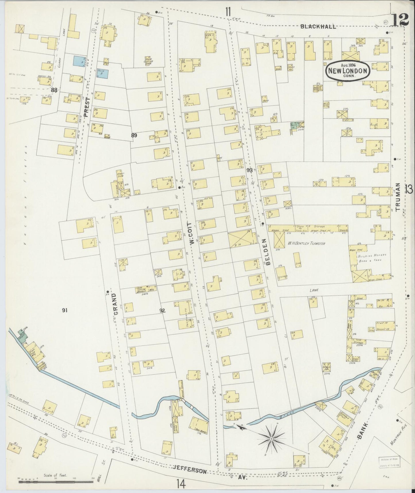 Sanborn Fire Insurance Map from New London, New London County, Connecticut (1896), Sheet #0012 - Complete Map Set gallery image, historic Sanborn map, vintage wall art, Connecticut Connecticut