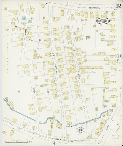 Sanborn Fire Insurance Map from New London, New London County, Connecticut (1896), Sheet #0012 - Complete Map Set gallery image, historic Sanborn map, vintage wall art, Connecticut Connecticut