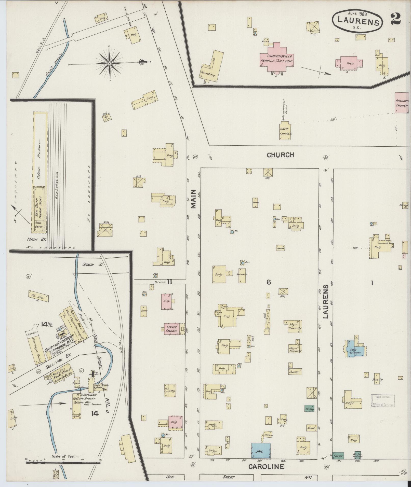 Sanborn Fire Insurance Map from Laurens, Laurens County, South Carolina (1889), Sheet #0002 - Complete Map Set gallery image, historic Sanborn map, vintage wall art, South Carolina South Carolina